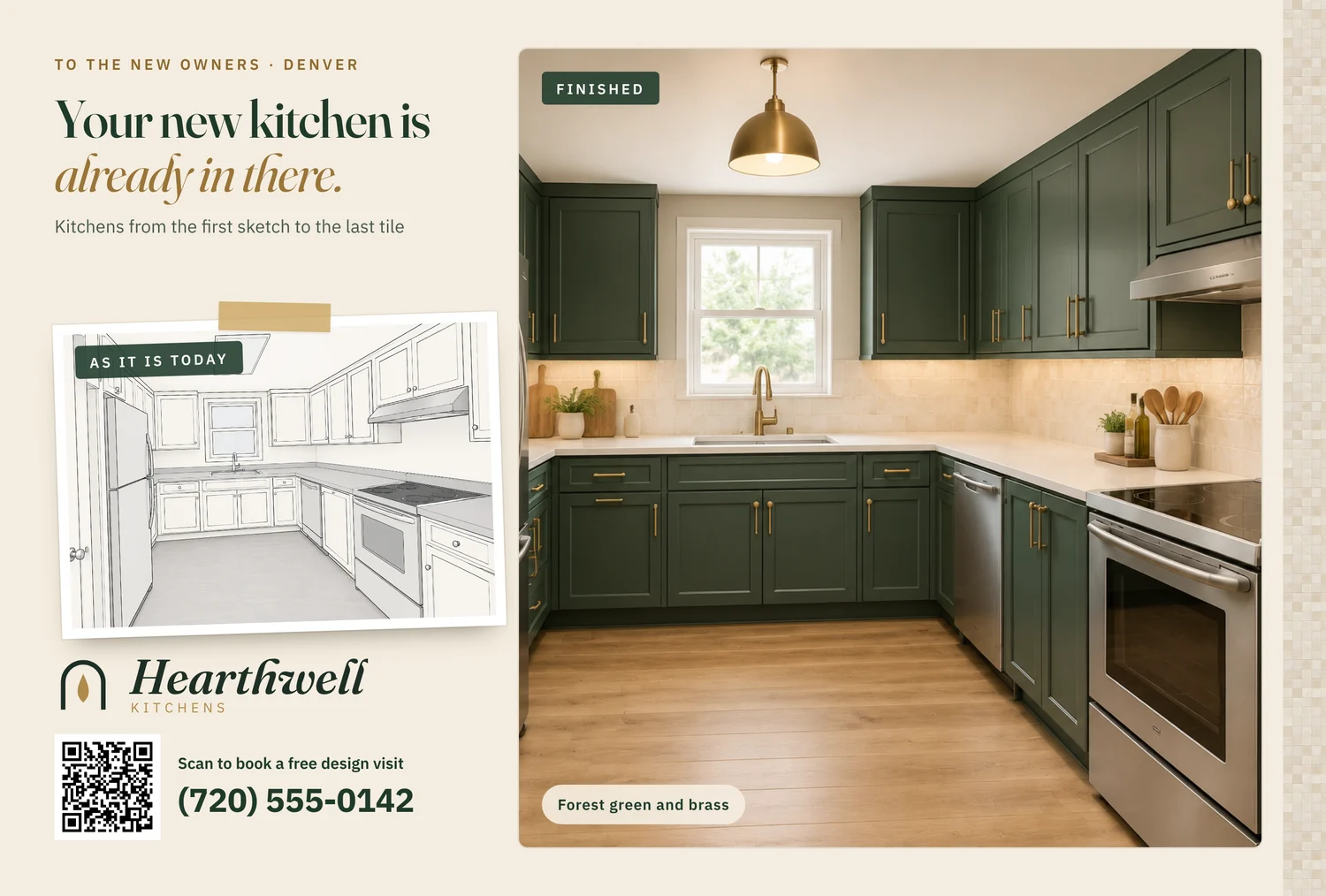 The front of a sample card for a fictional kitchens firm, with the finished room, an illustration of the room as it is today, the logo, the phone number and a QR code
